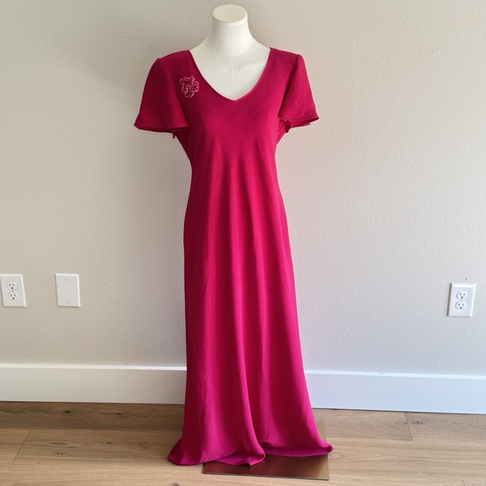Vintage 90s Pink Magenta Maxi Dress Size 12 M Flutter Sleeve Romantic Beaded Pin